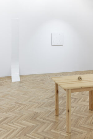 Drewniany stół ze zgniecionym papierem w kształcie kulki w pomieszczeniu z drewnianą podłogą i białymi ścianami. W tle na ścianie wisi biały obraz oraz podłużne pleksi w białym kolorze zawijające się przy podłodze.