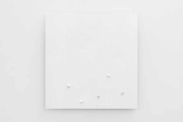 Biały, kwadratowy obraz z pięcioma białymi kamykami umieszonymi na dole. Wisi na białej ścianie.